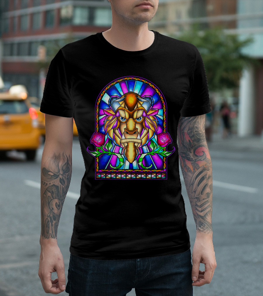 Disney Beauty And The Beast Stained Glass Window Beast Face Roses T-Shirt