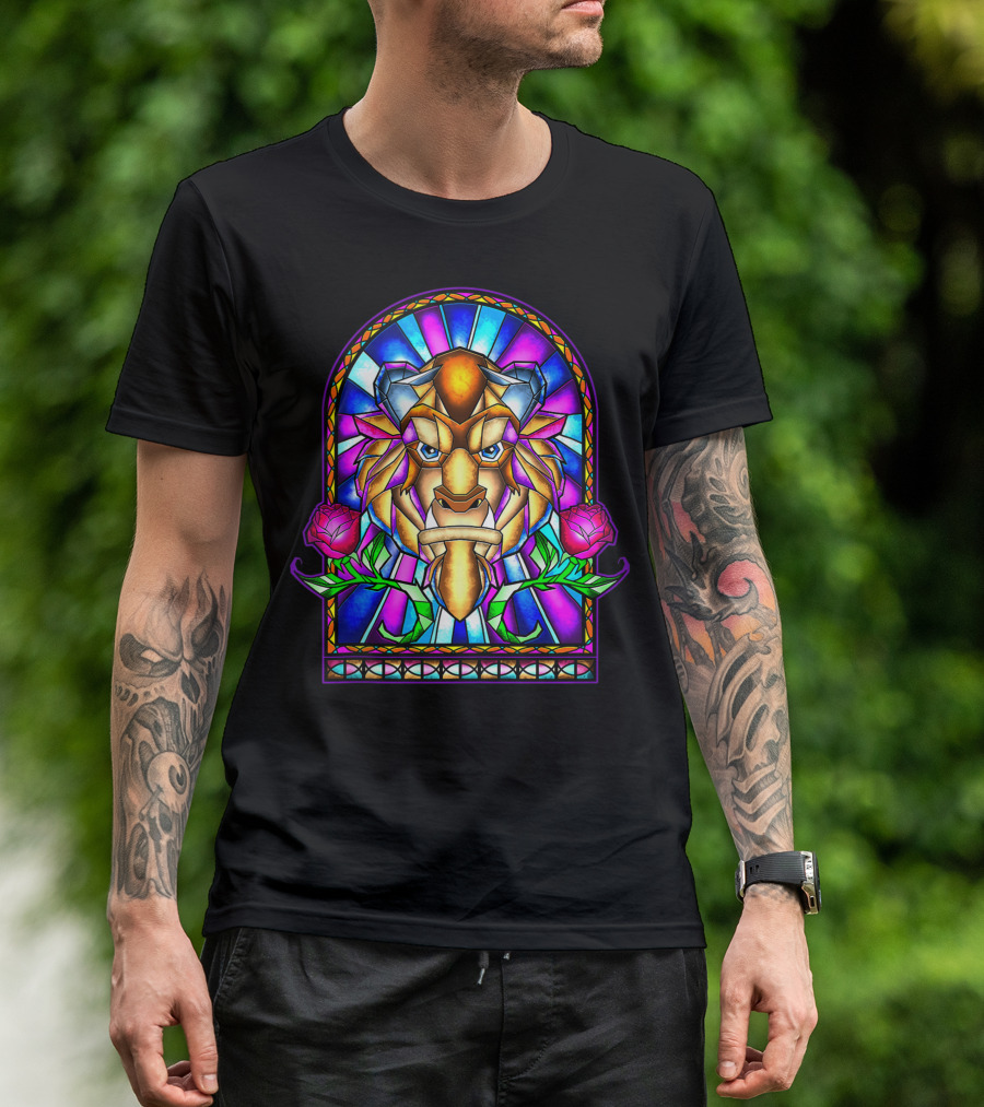Disney Beauty And The Beast Stained Glass Window Beast Face Roses T-Shirt