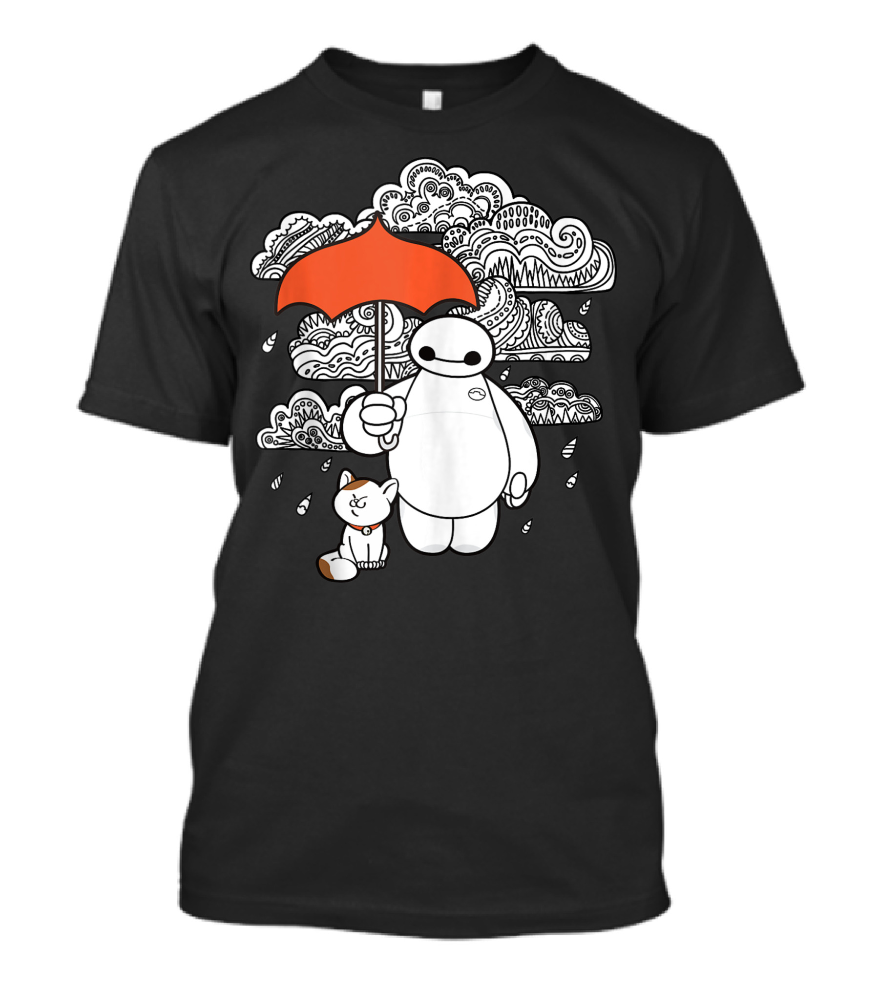 Disney Big Hero 6 Baymax And Mochi With Umbrella In Rain Clouds T-Shirt