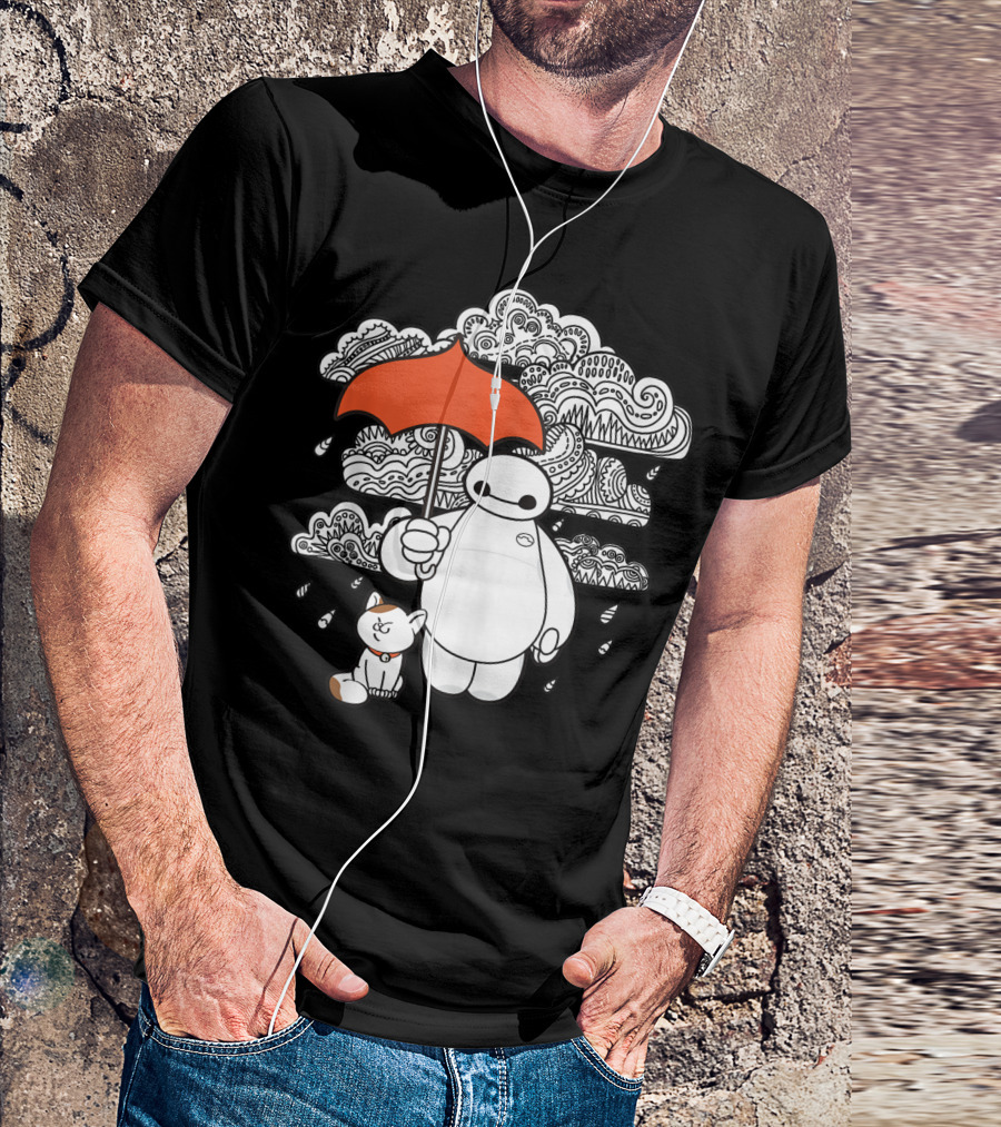 Disney Big Hero 6 Baymax And Mochi With Umbrella In Rain Clouds T-Shirt