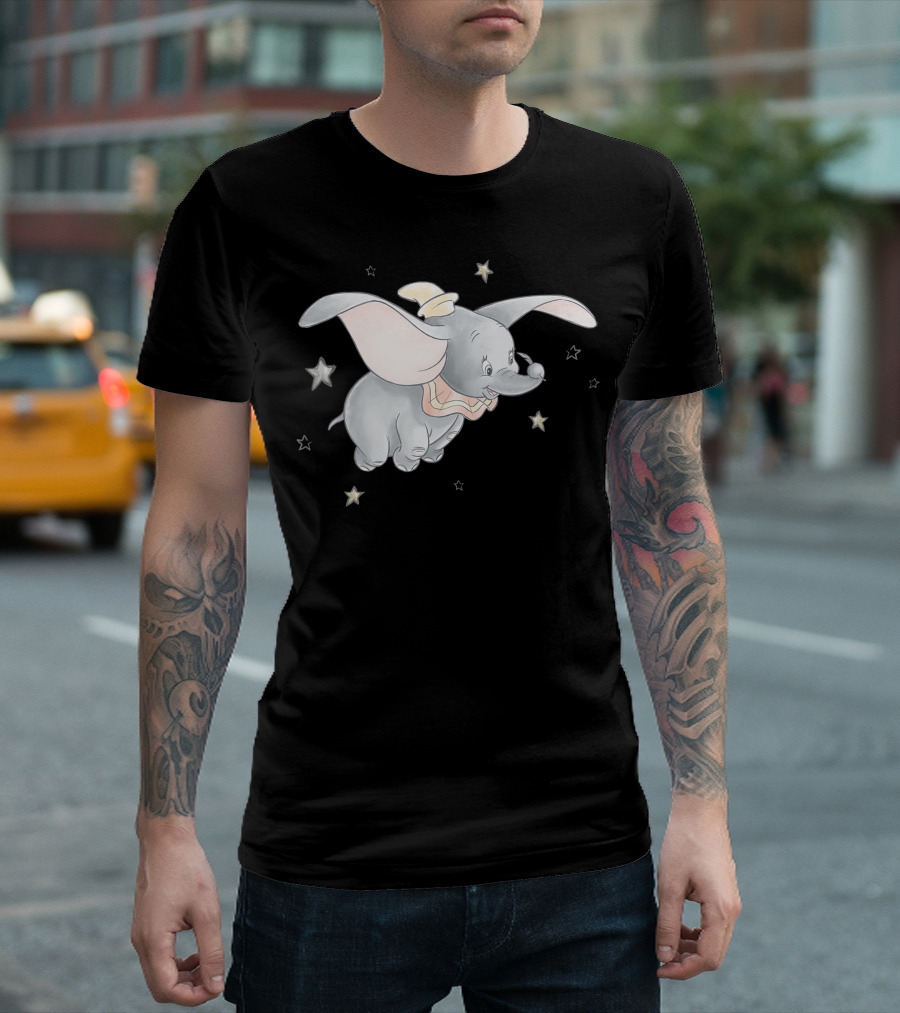 Dumbo Flying with Magic Feather in Watercolor Style with Stars T-Shirt
