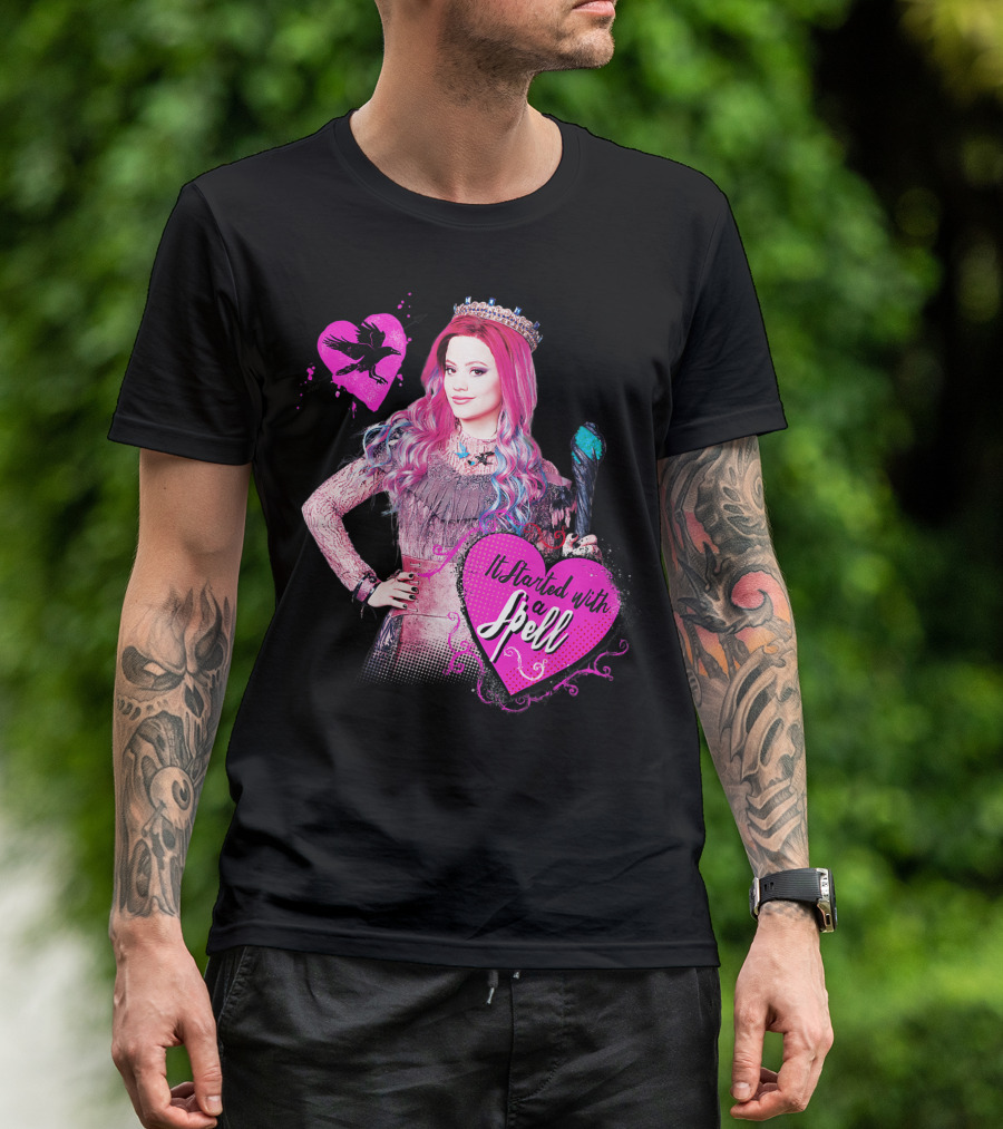 Disney Descendants 3 It Started With A Spell Pink Heart And Crow T-Shirt