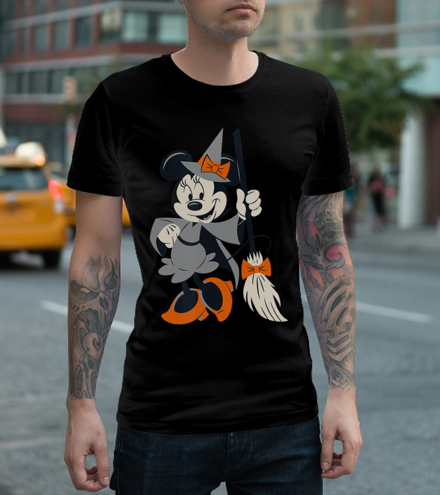 Disney Halloween Minnie Mouse Witch With Broom And Orange Accents T-Shirt