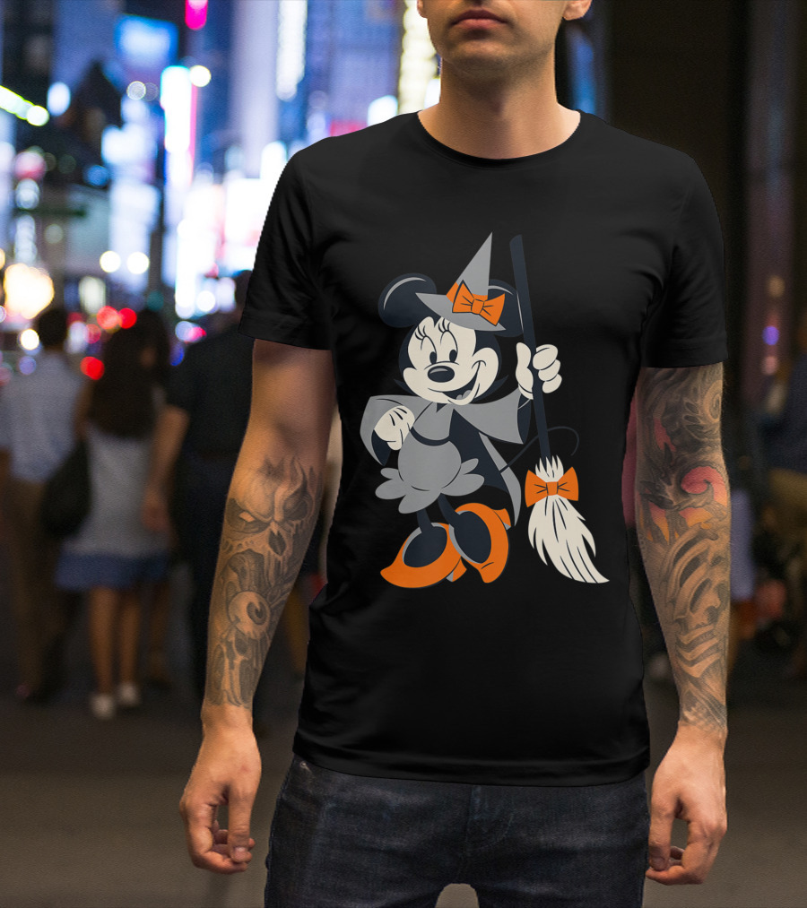Disney Halloween Minnie Mouse Witch With Broom And Orange Accents T-Shirt