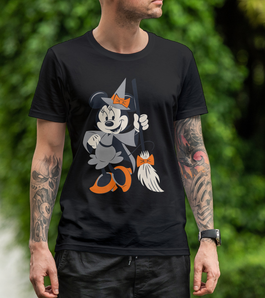 Disney Halloween Minnie Mouse Witch With Broom And Orange Accents T-Shirt