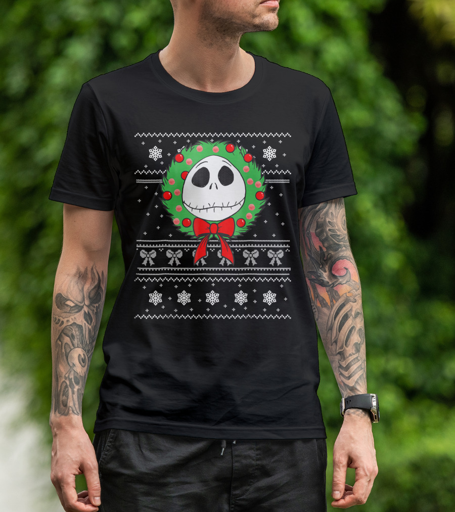 Disney Jack Skellington Christmas Ugly Sweater Wreath T-Shirt