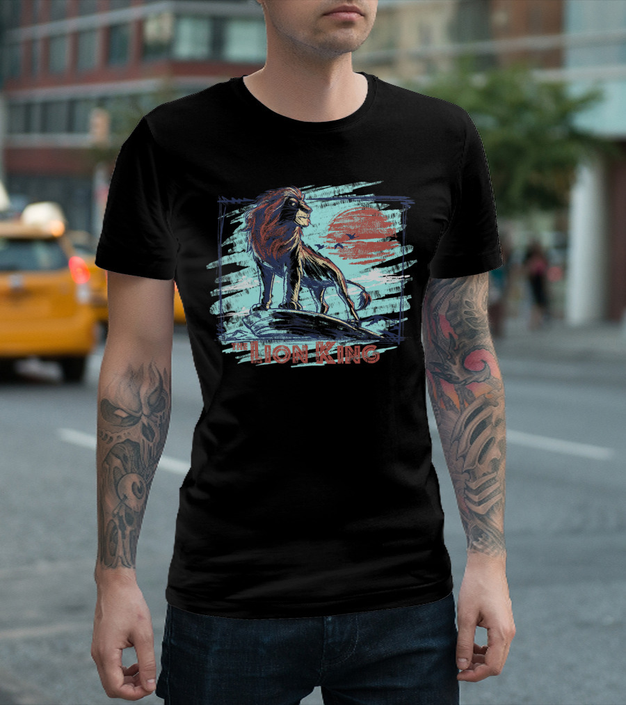 The Lion King Proud Chalk Simba Standing on Rock with Sunset T-Shirt