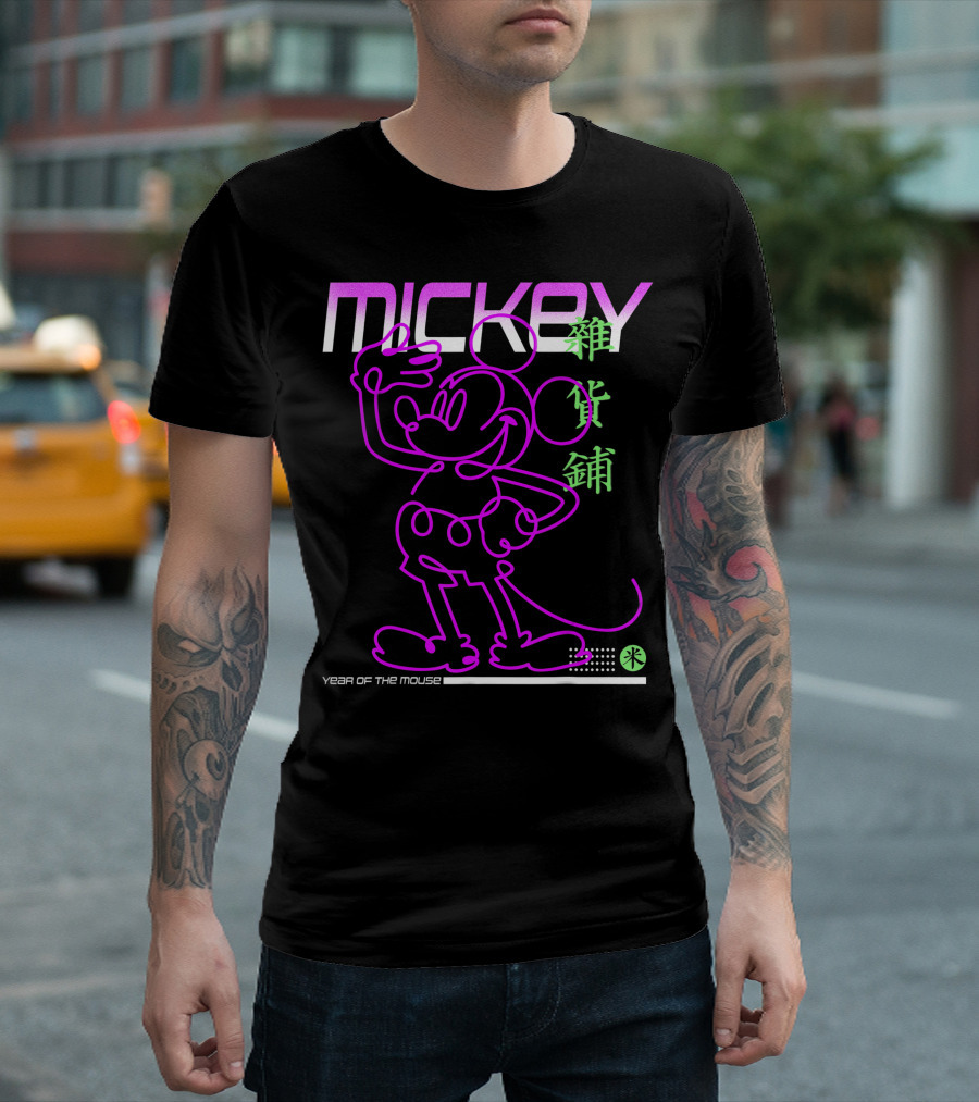 Mickey Mouse Year Of The Mouse Neon Design With Chinese Characters And Neon Outline T-Shirt