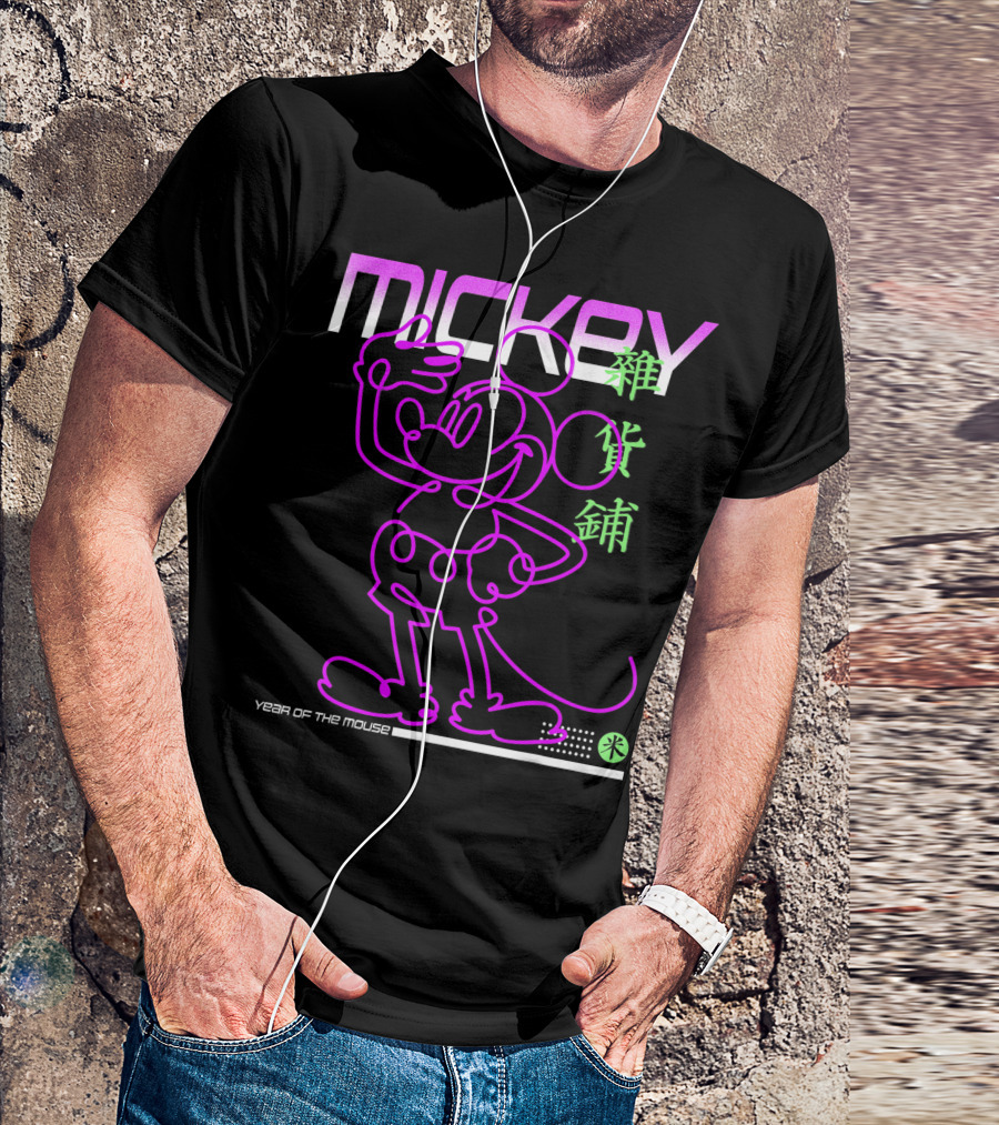 Mickey Mouse Year Of The Mouse Neon Design With Chinese Characters And Neon Outline T-Shirt