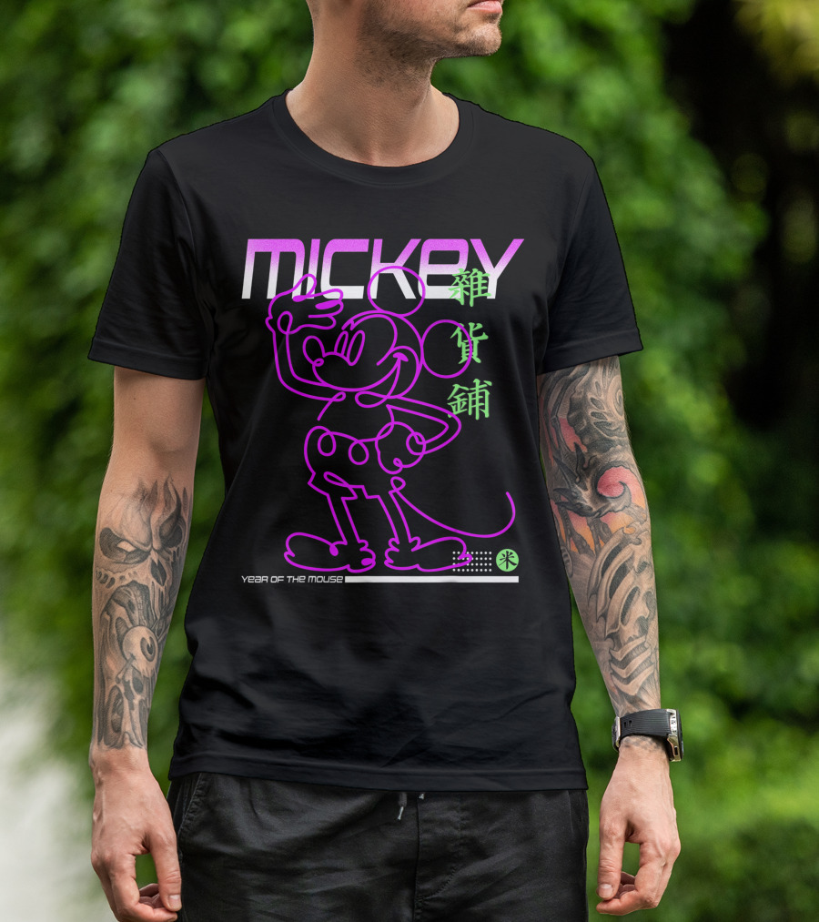 Mickey Mouse Year Of The Mouse Neon Design With Chinese Characters And Neon Outline T-Shirt