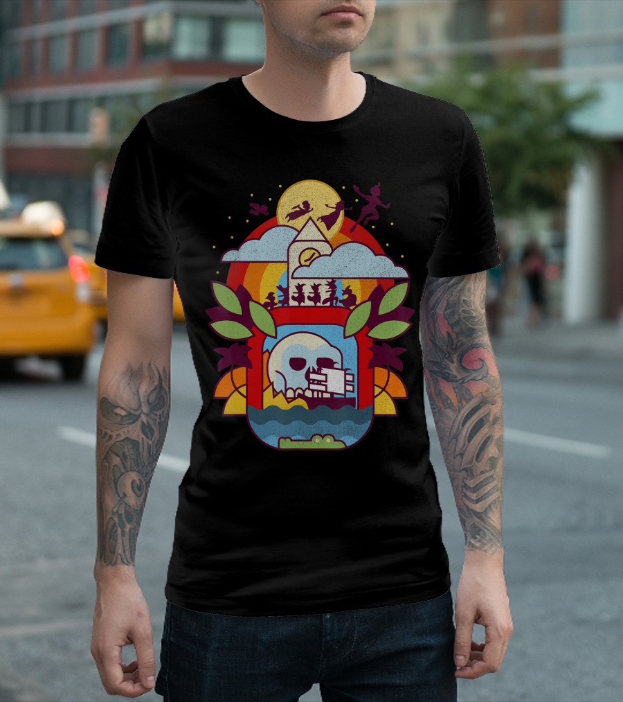 Disney Peter Pan Neverland Flying Silhouettes Geometric Skull Island T-Shirt
