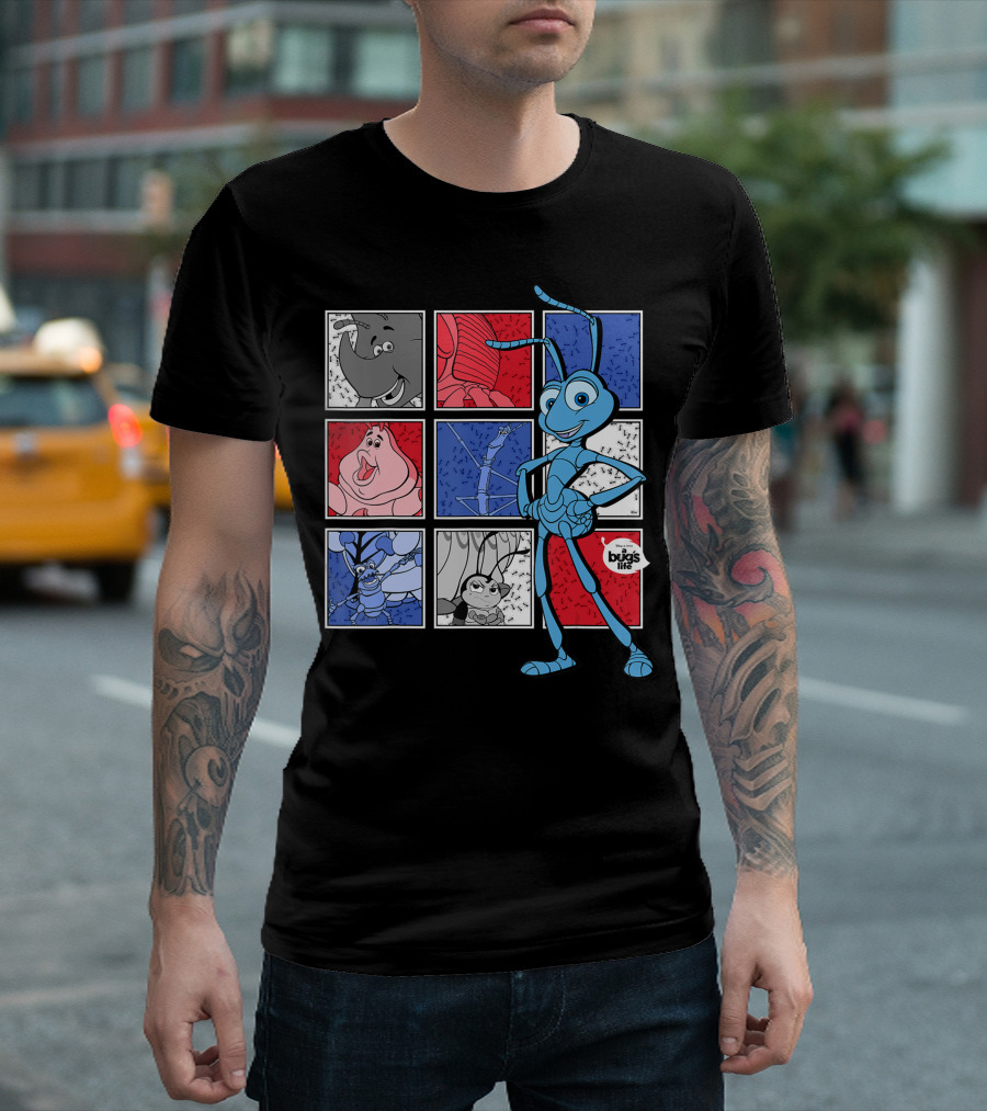 Disney Pixar A Bug's Life Flik and Characters in Red Blue Grey Squares T-Shirt
