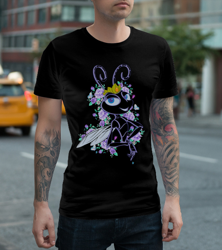Disney Pixar A Bug's Life Queen Atta with Purple Floral Background T-Shirt