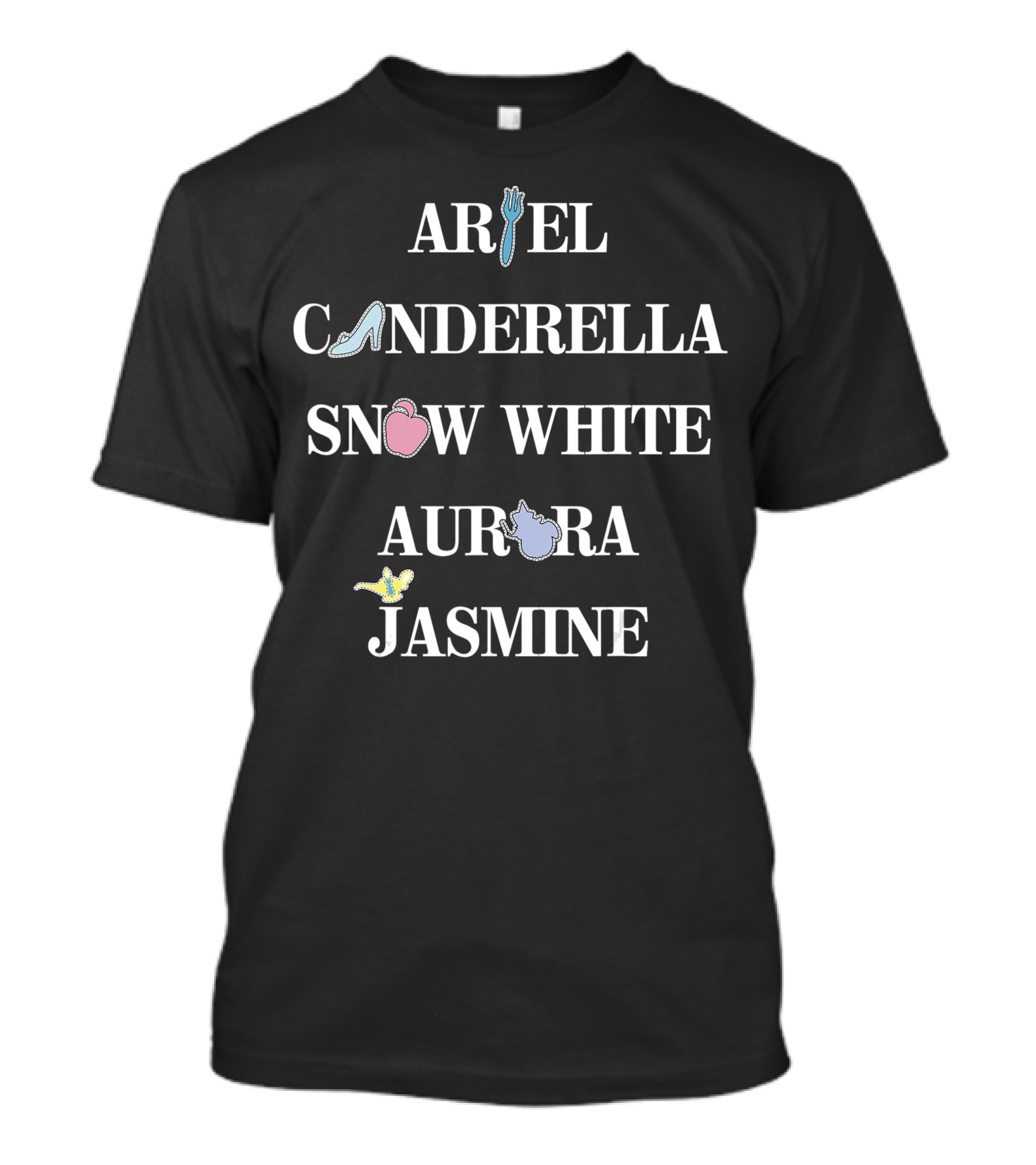 Ariel Cinderella Snow White Aurora Jasmine Princess Names Icons T-Shirt