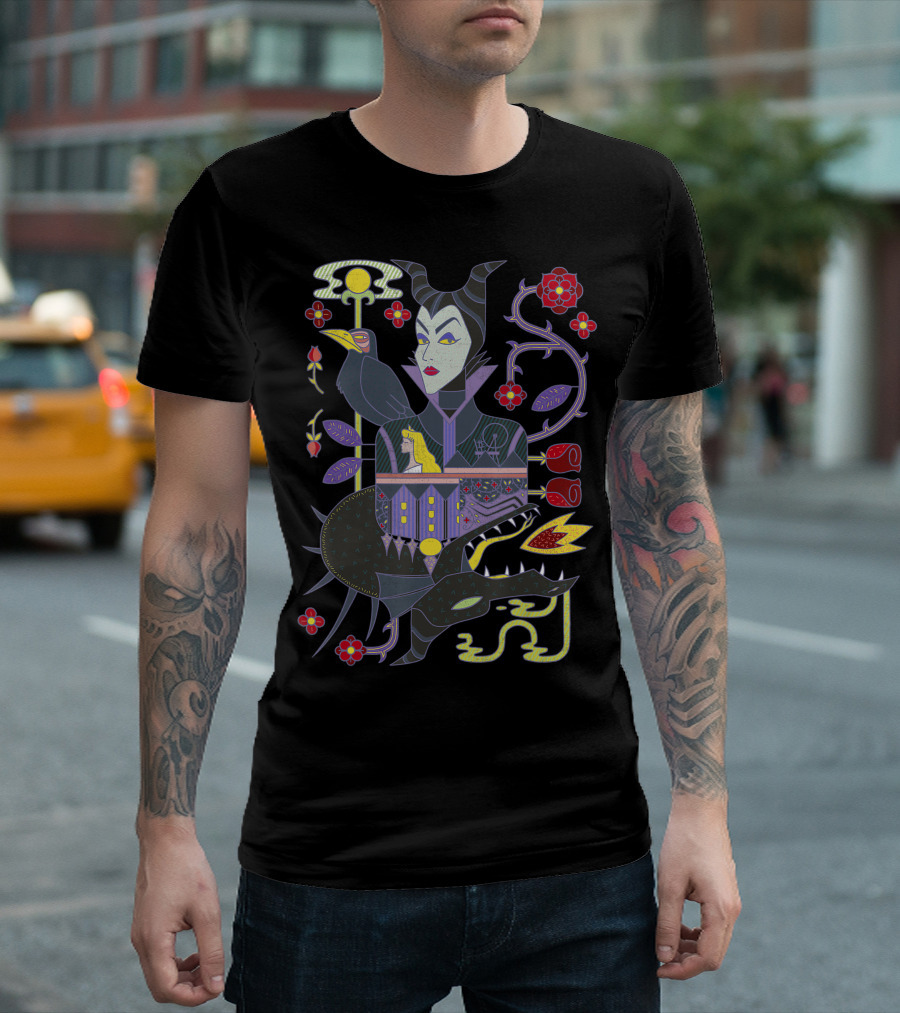 Disney Sleeping Beauty Maleficent Playing Card Design with Roses and Raven T-Shirt