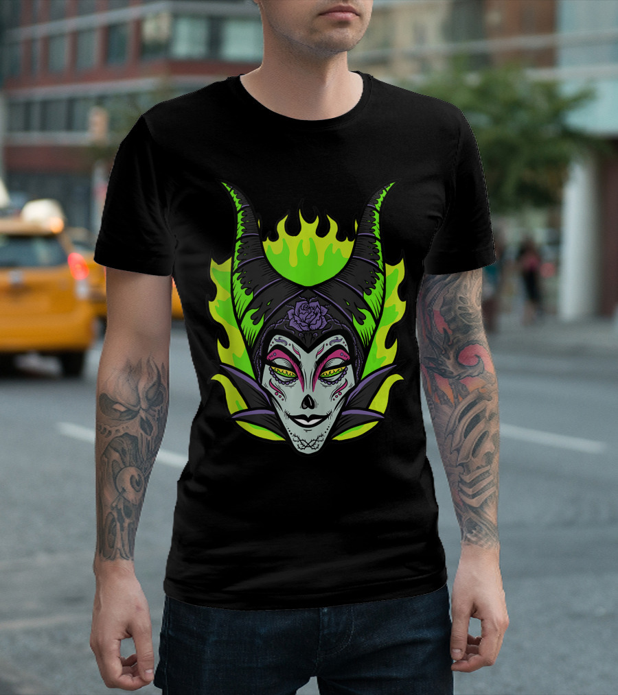 Disney Maleficent Sugar Skull with Green Flames T-Shirt