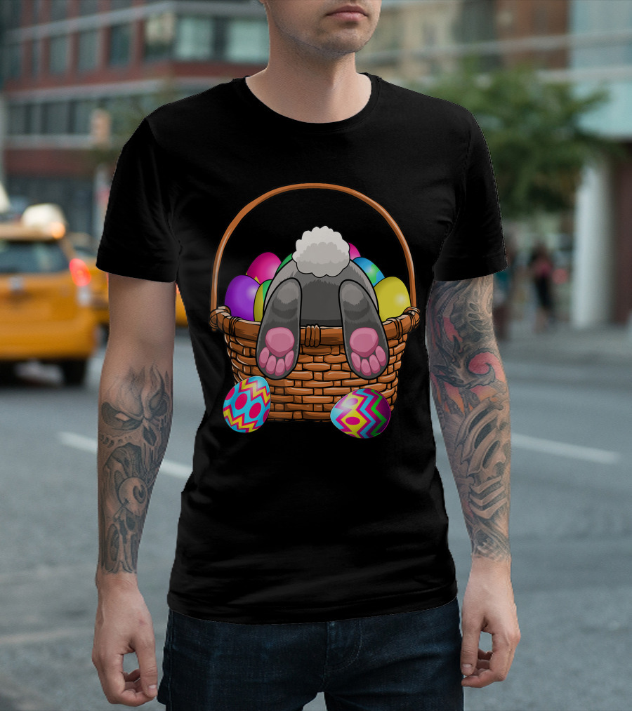 Easter Bunny Basket Eggs Pattern with Colorful Easter Eggs and Bunny Tail Peeking Out T-Shirt