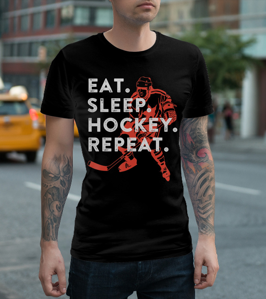 Eat Sleep Hockey Repeat Player Skating Action T-Shirt