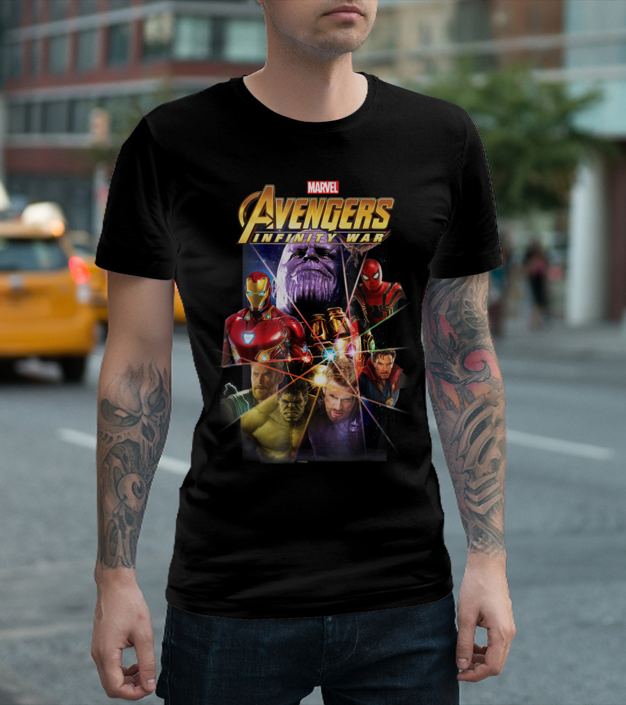 Marvel Avengers Infinity War Iron Man Thor Hulk Captain America Thanos Gauntlet Prism T-Shirt