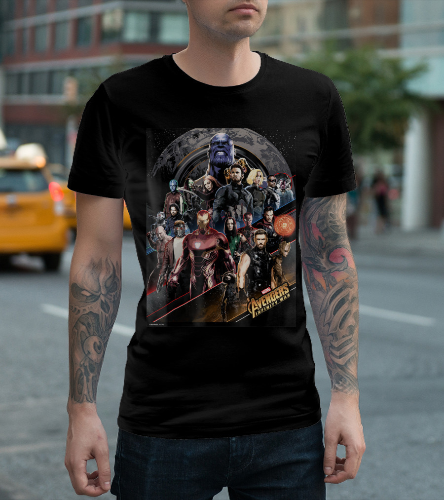 Marvel Avengers Infinity War Group Striped Characters With Thanos T-Shirt