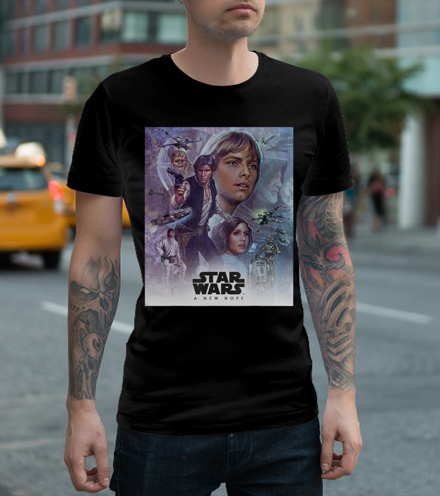 Star Wars A New Hope Celebration Mural Featuring Iconic Characters And Spaceships T-Shirt