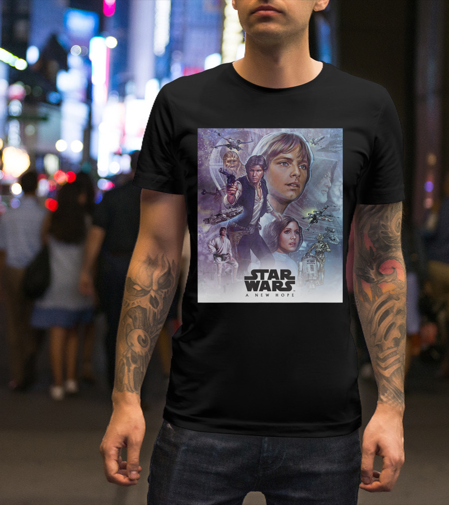 Star Wars A New Hope Celebration Mural Featuring Iconic Characters And Spaceships T-Shirt