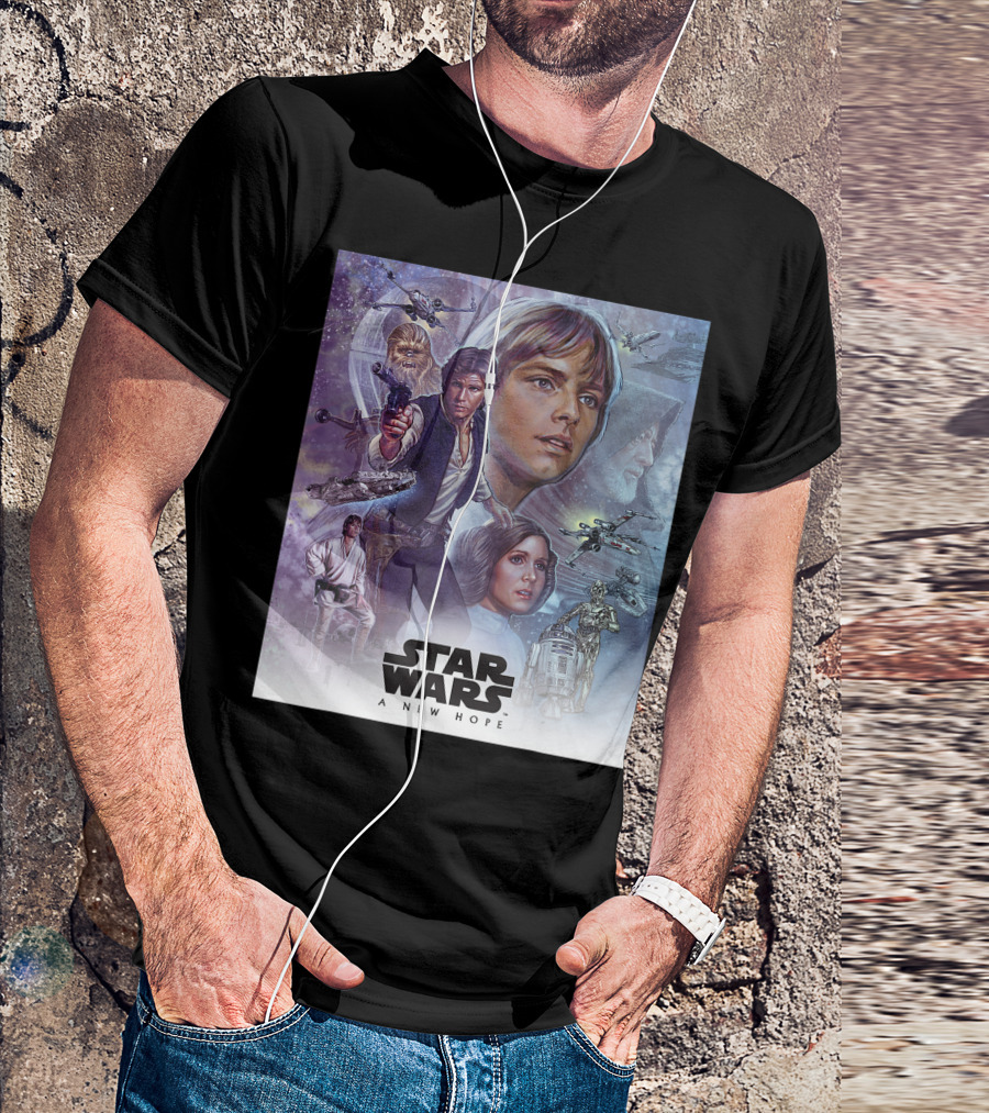 Star Wars A New Hope Celebration Mural Featuring Iconic Characters And Spaceships T-Shirt