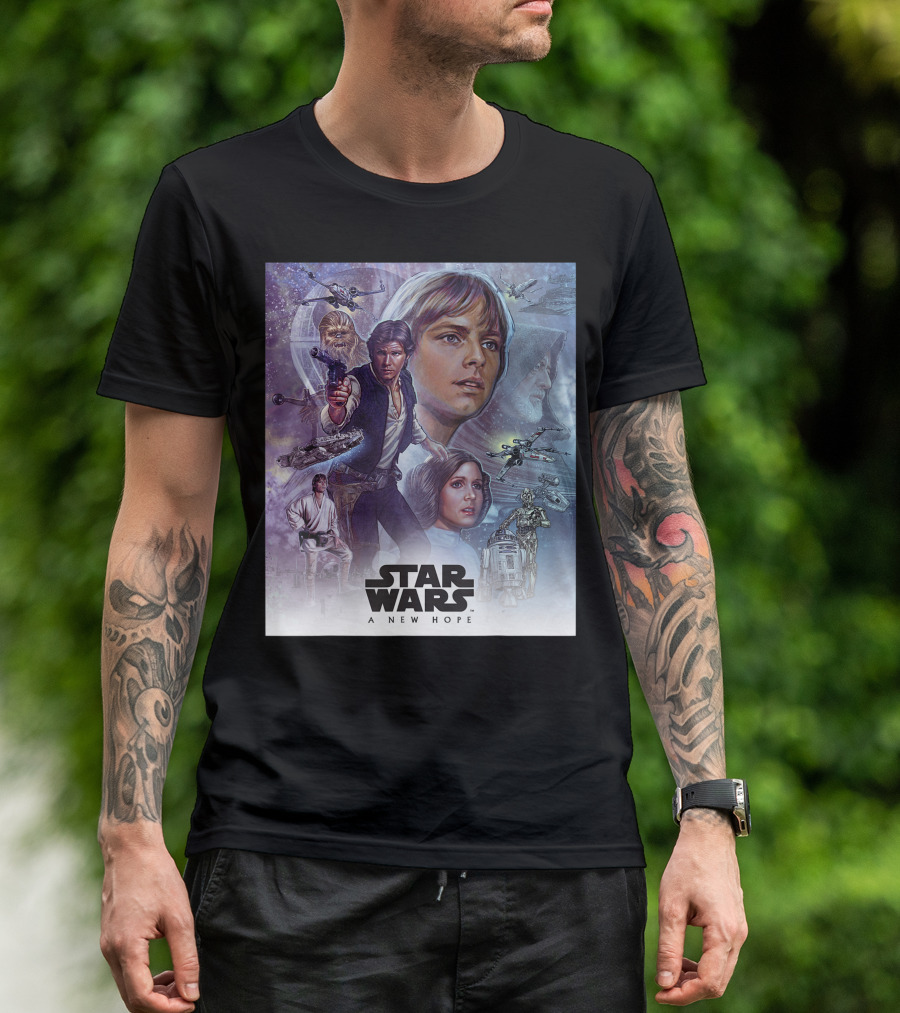 Star Wars A New Hope Celebration Mural Featuring Iconic Characters And Spaceships T-Shirt
