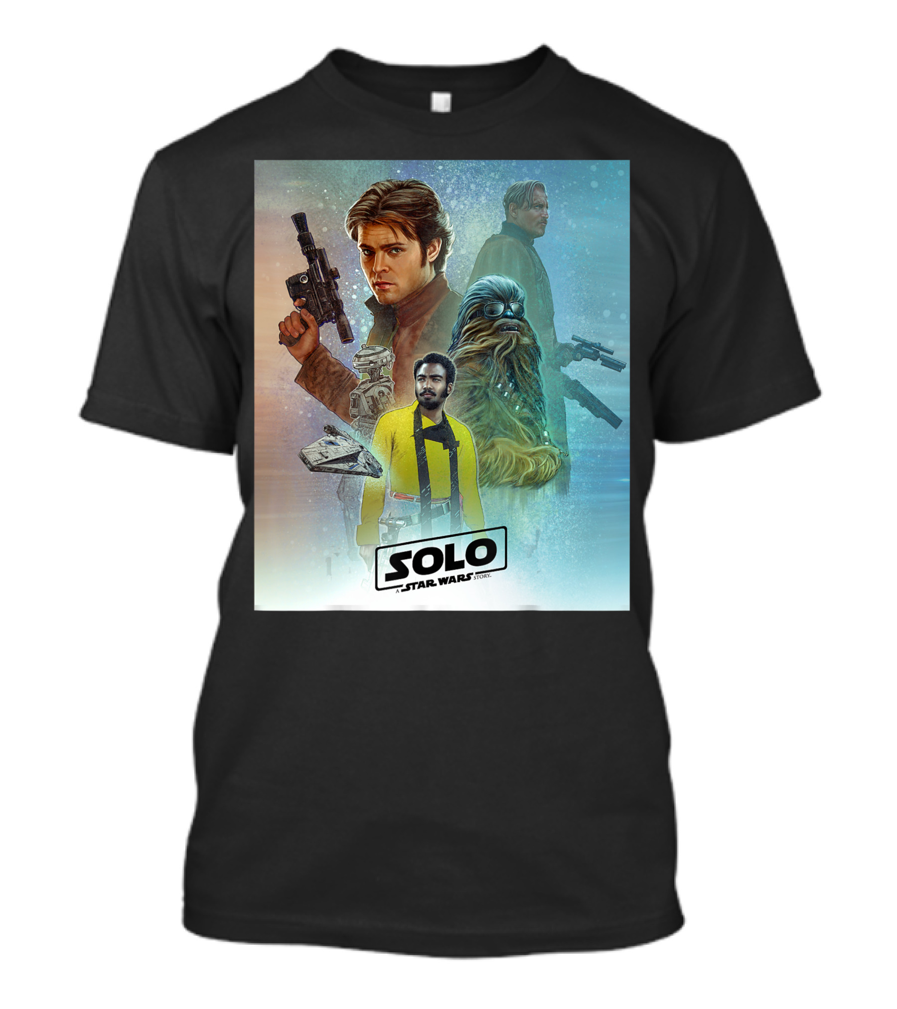 Solo A Star Wars Story Celebration Mural Featuring Millennium Falcon And Iconic Characters T-Shirt