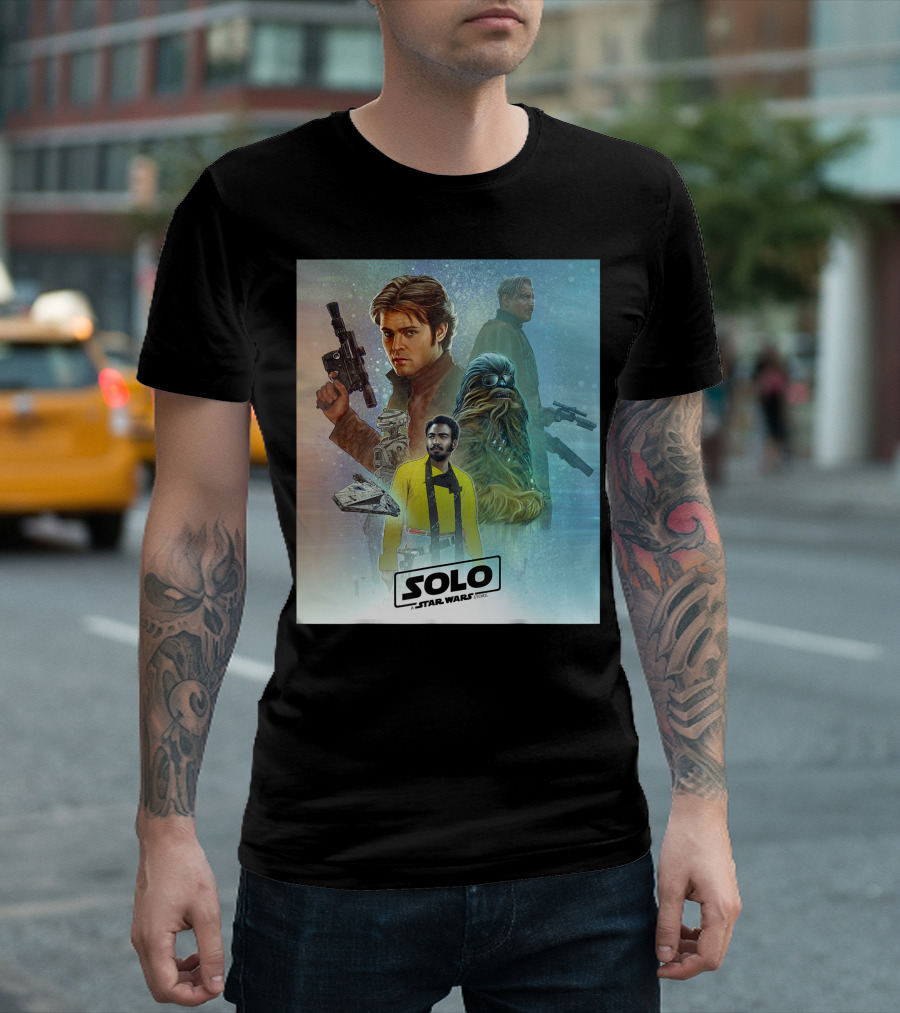 Solo A Star Wars Story Celebration Mural Featuring Millennium Falcon And Iconic Characters T-Shirt