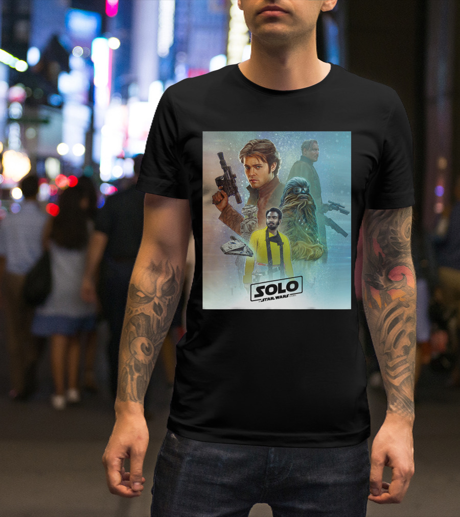 Solo A Star Wars Story Celebration Mural Featuring Millennium Falcon And Iconic Characters T-Shirt
