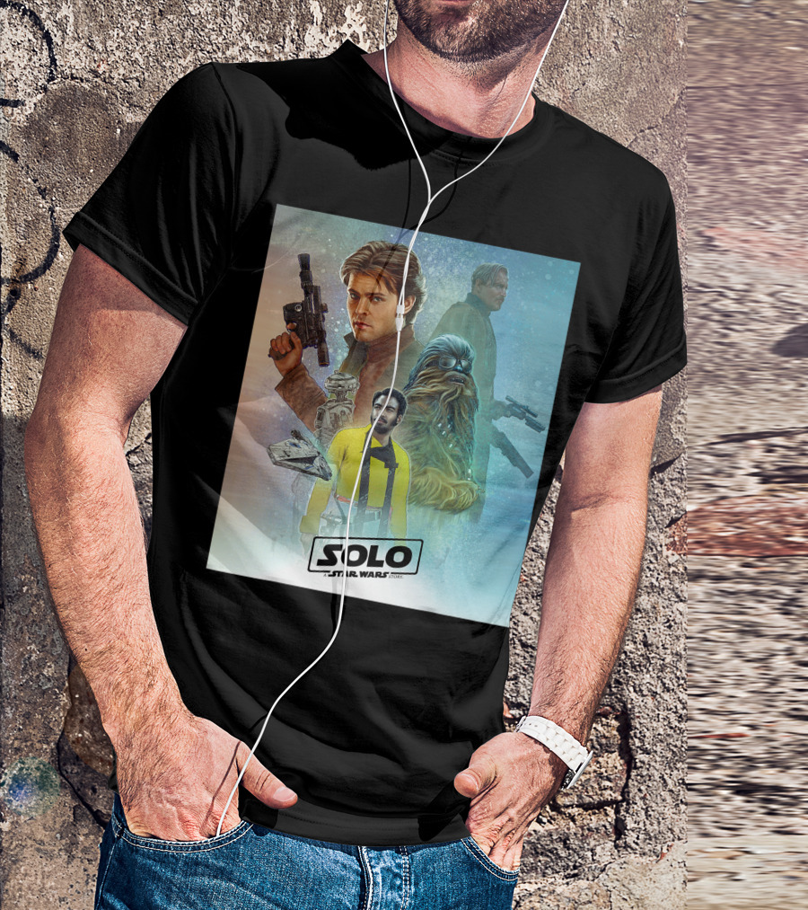 Solo A Star Wars Story Celebration Mural Featuring Millennium Falcon And Iconic Characters T-Shirt
