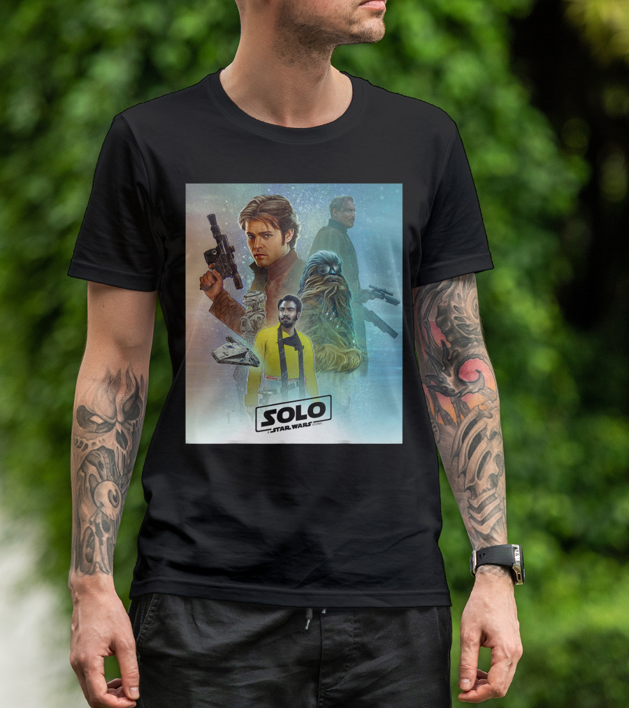 Solo A Star Wars Story Celebration Mural Featuring Millennium Falcon And Iconic Characters T-Shirt