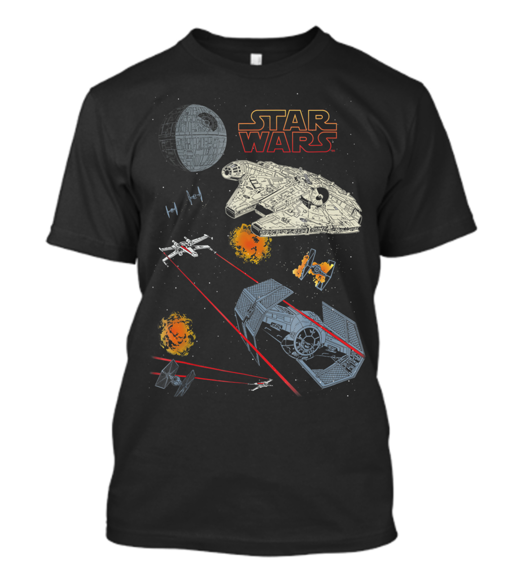 Star Wars Millennium Falcon Vs Tie Fighter Battle Scene With X-Wing And Death Star T-Shirt