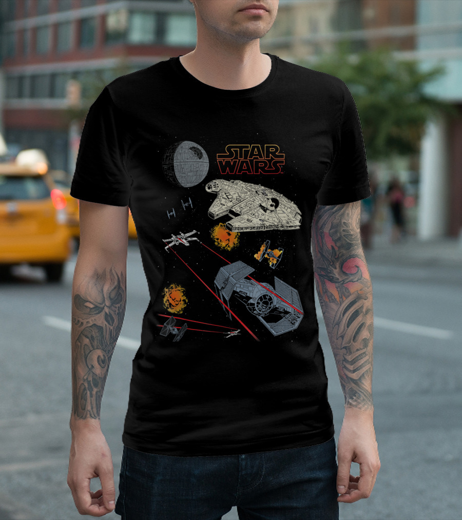 Star Wars Millennium Falcon Vs Tie Fighter Battle Scene With X-Wing And Death Star T-Shirt