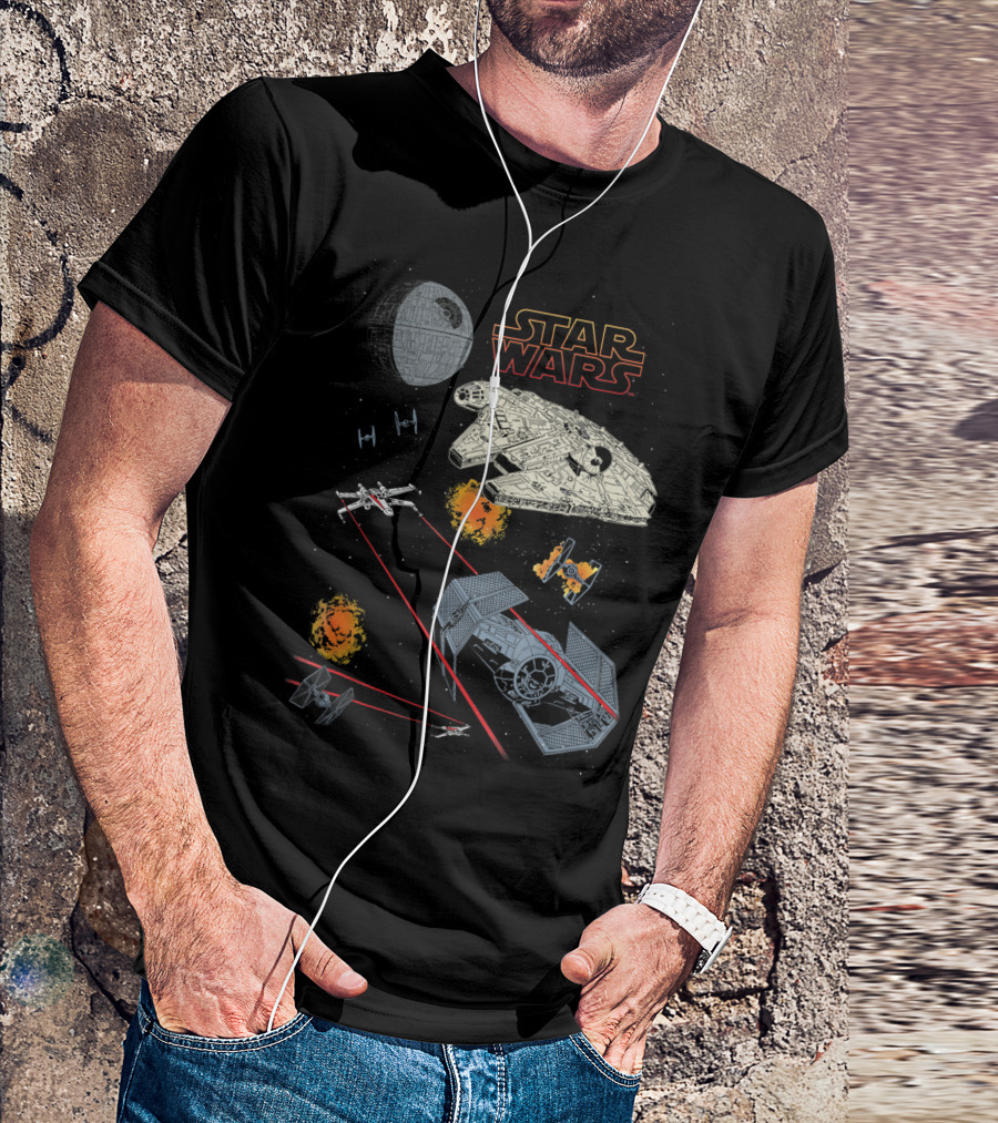 Star Wars Millennium Falcon Vs Tie Fighter Battle Scene With X-Wing And Death Star T-Shirt