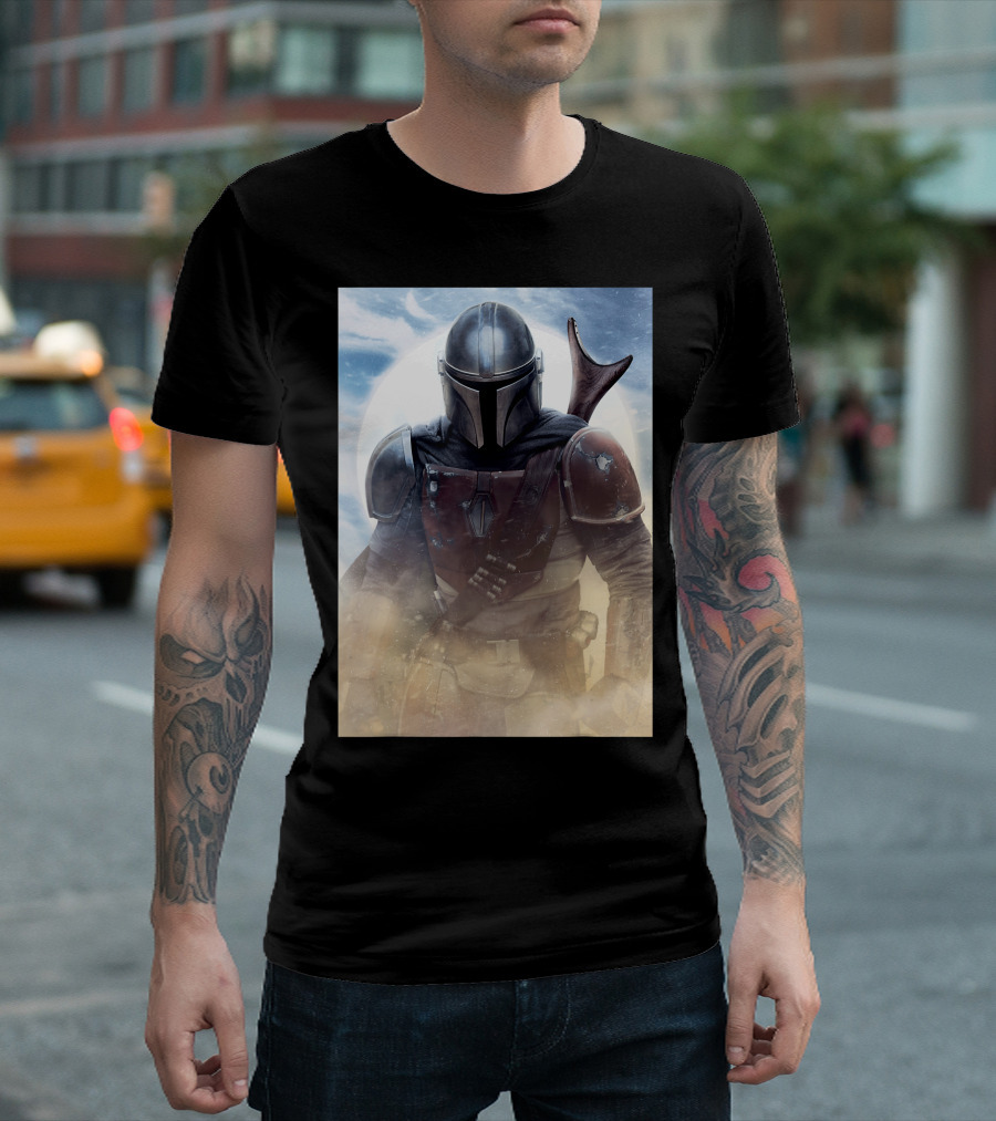 The Mandalorian Dusk Star Wars Warrior Under Moonlit Sky T-Shirt