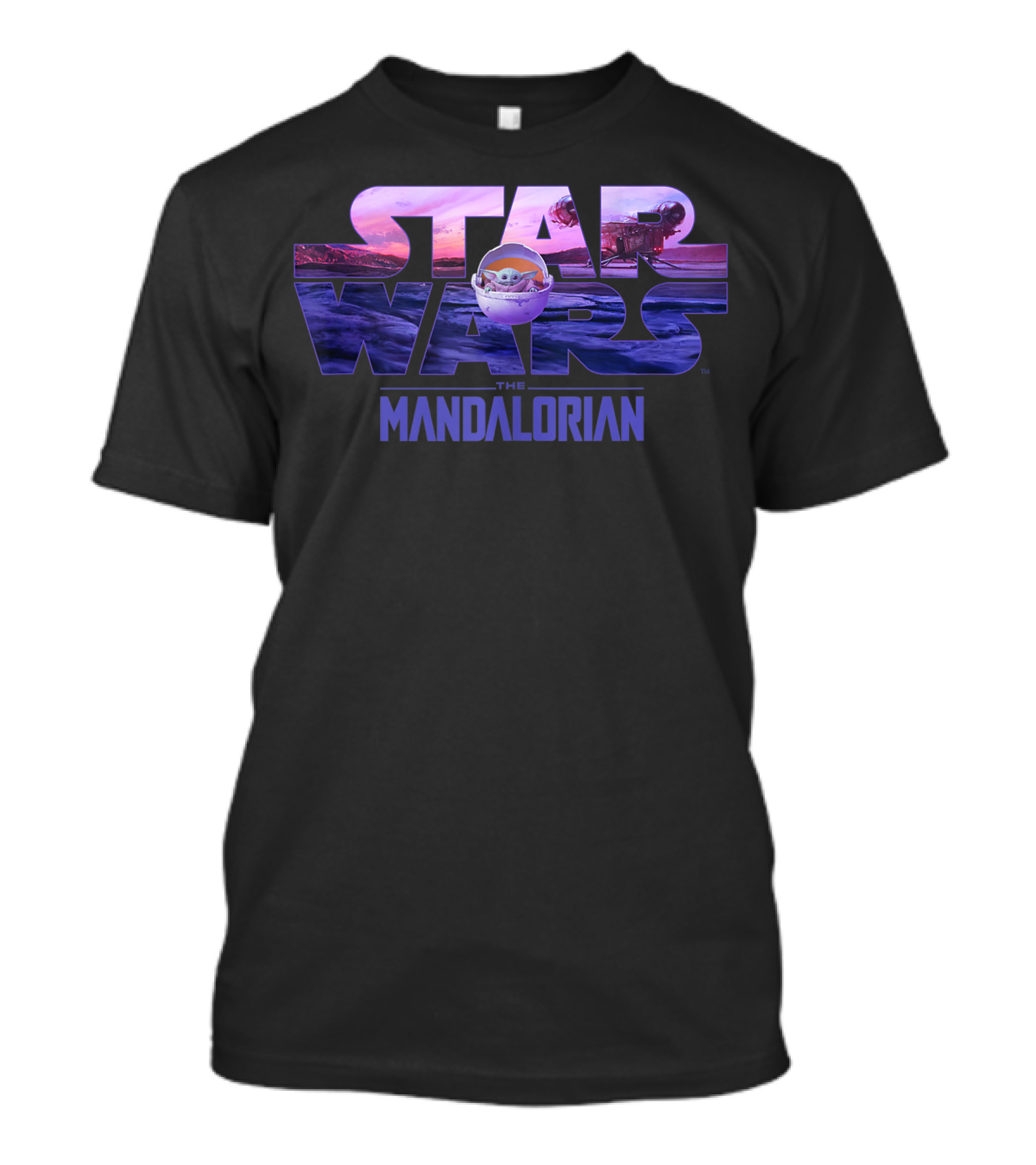 Star Wars The Mandalorian The Child Logo With Spaceship Scene T-Shirt
