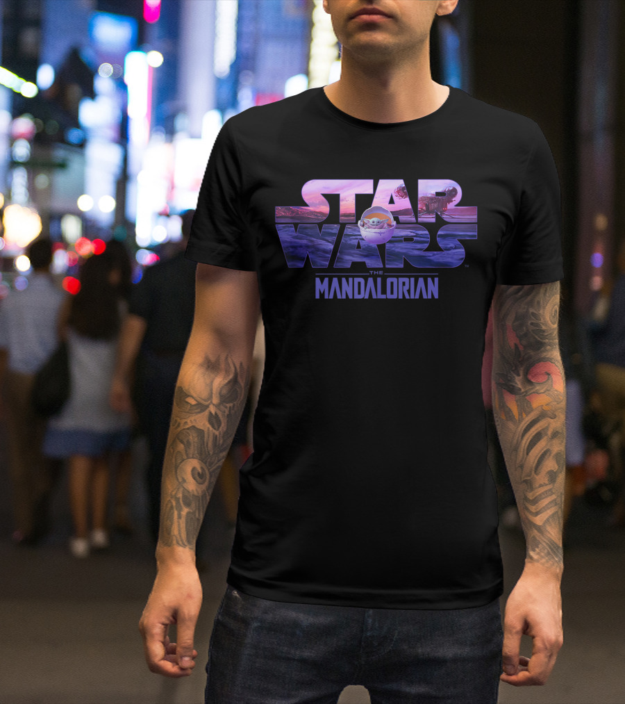 Star Wars The Mandalorian The Child Logo With Spaceship Scene T-Shirt