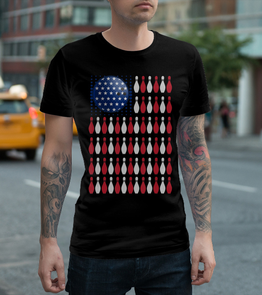American Flag Bowling Ball and Pins Team USA Bowler T-Shirt