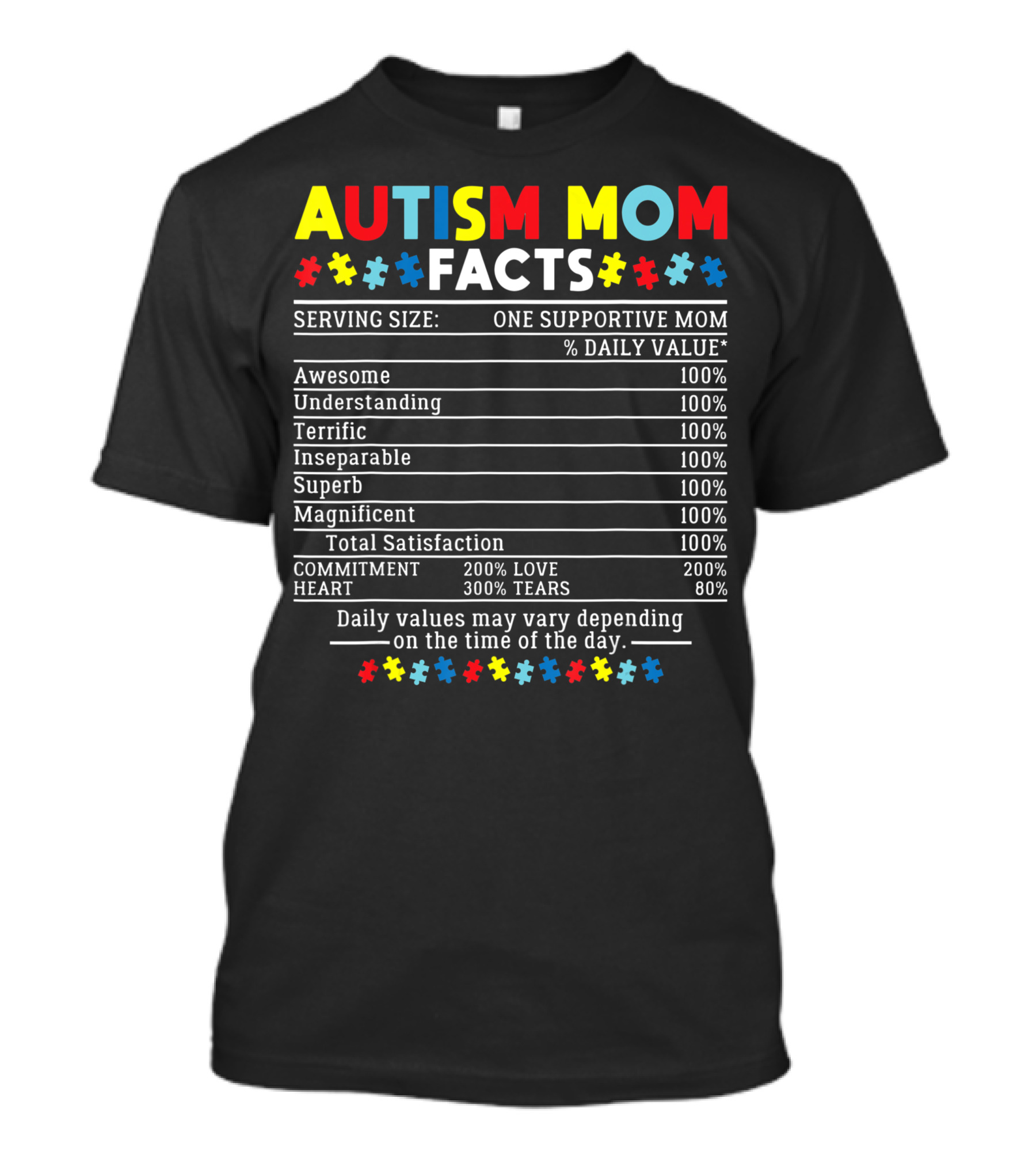 Autism Mom Facts One Supportive Mom Awesome Understanding Terrific Inseparable Superb Magnificent Total Satisfaction Commitment Love Heart Awareness T-Shirt