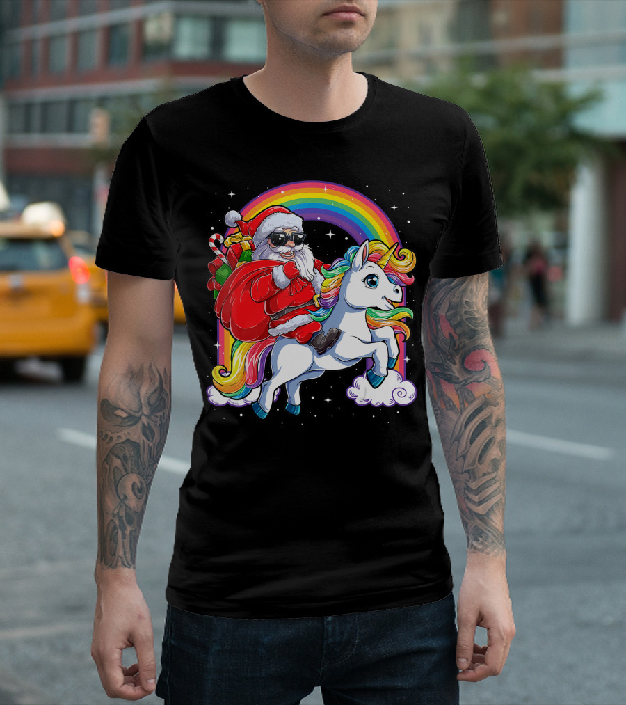 Christmas Santa Riding Unicorn Rainbow Galaxy Xmas Girls Holiday Adventure T-Shirt