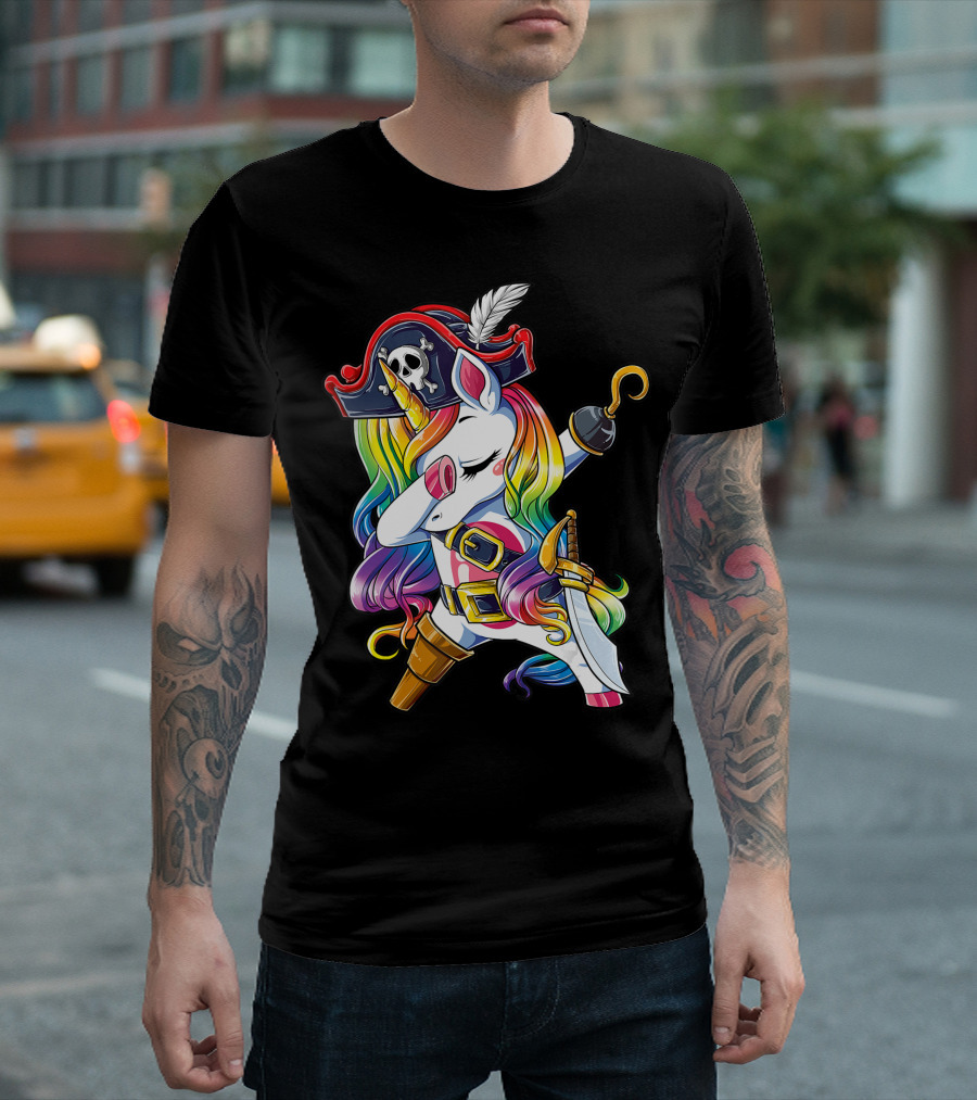 Dabbing Unicorn Pirate with Rainbow Mane and Sword T-Shirt