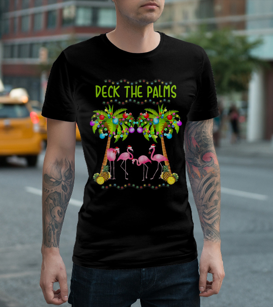 Deck The Palms Christmas Flamingos with Santa Hats and Tropical Trees T-Shirt