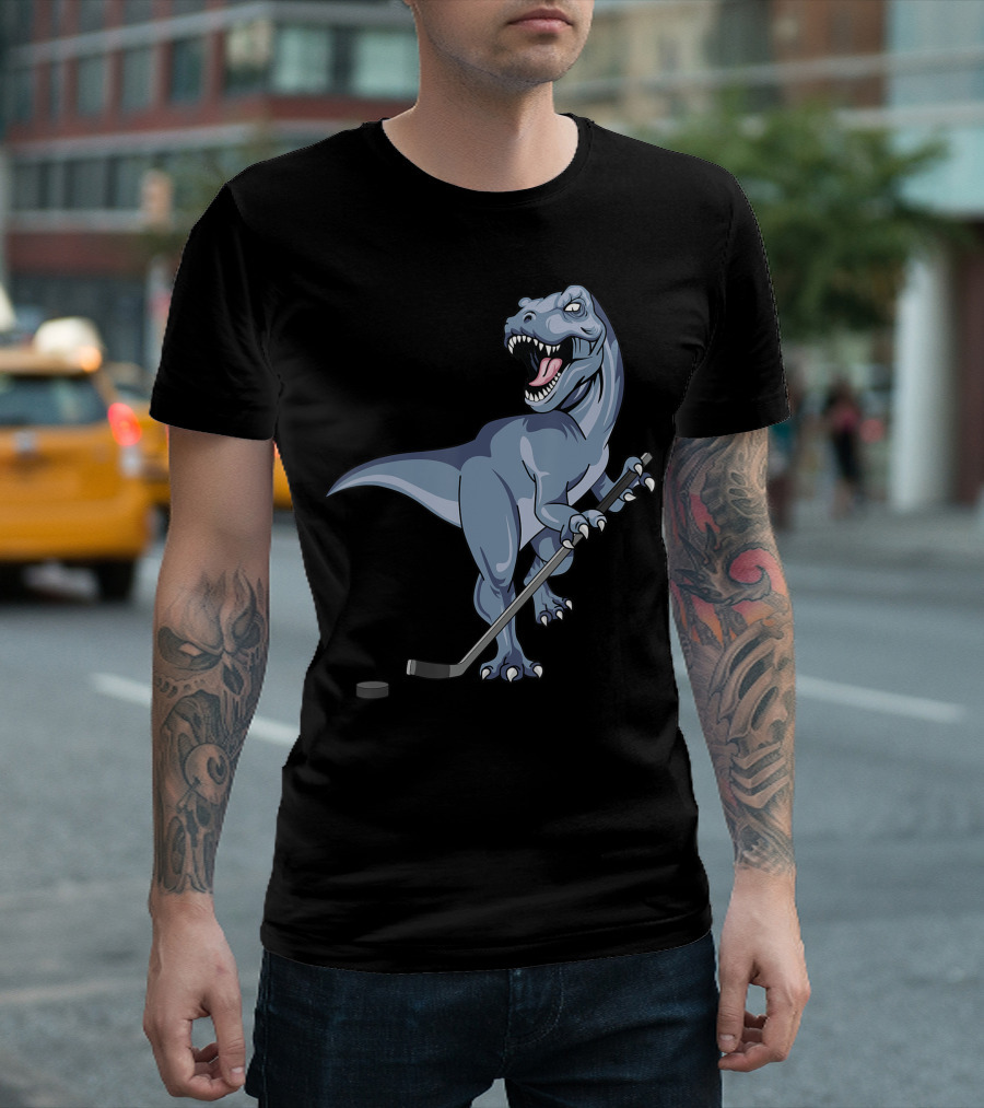 Dinosaur Trex Playing Hockey With Stick And Puck Halloween Ice Player T-Shirt