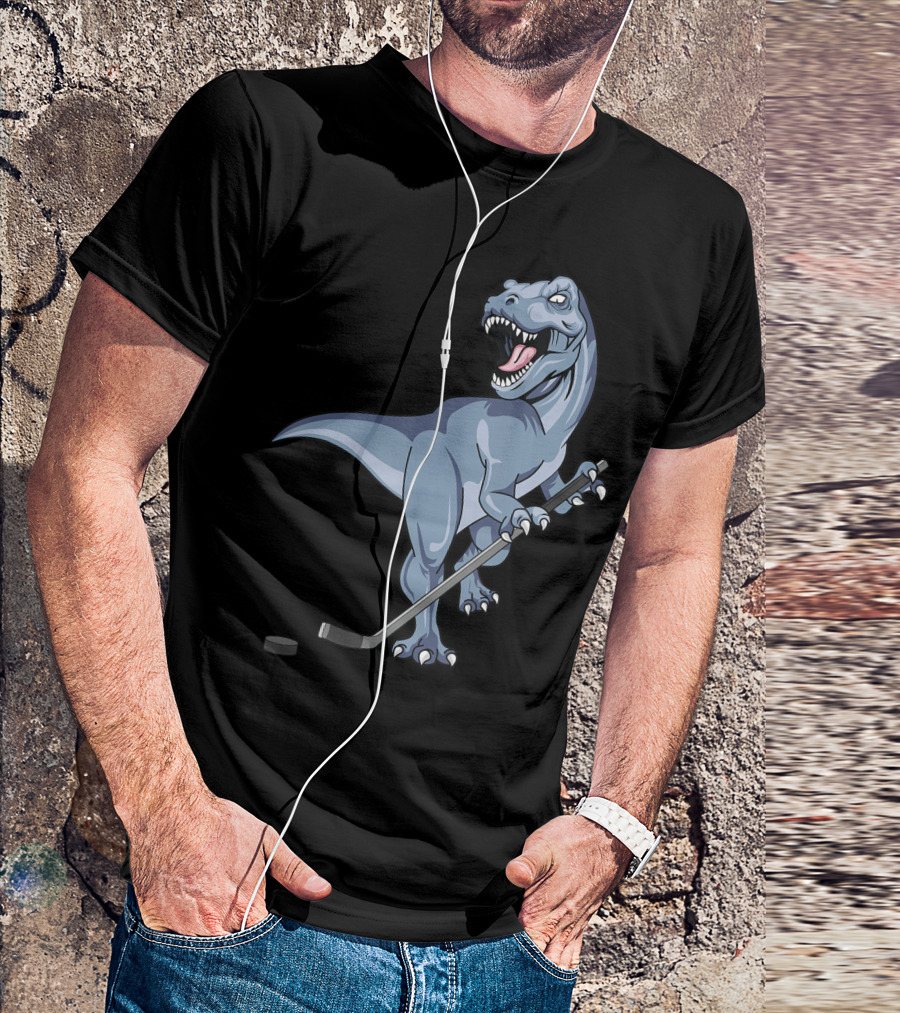 Dinosaur Trex Playing Hockey With Stick And Puck Halloween Ice Player T-Shirt