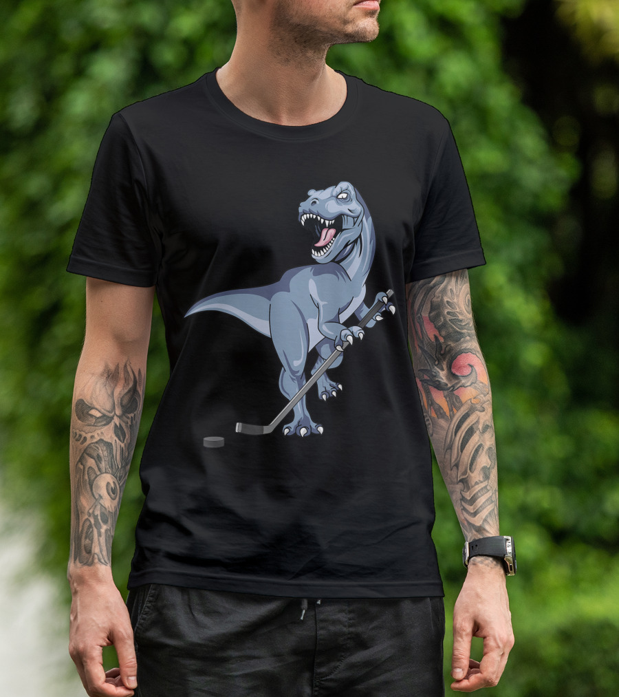 Dinosaur Trex Playing Hockey With Stick And Puck Halloween Ice Player T-Shirt