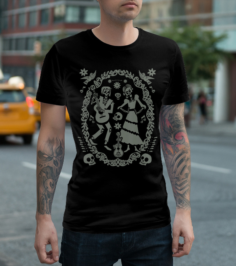 Disney Pixar Coco Dancing Skeletons Guitar and Floral T-Shirt