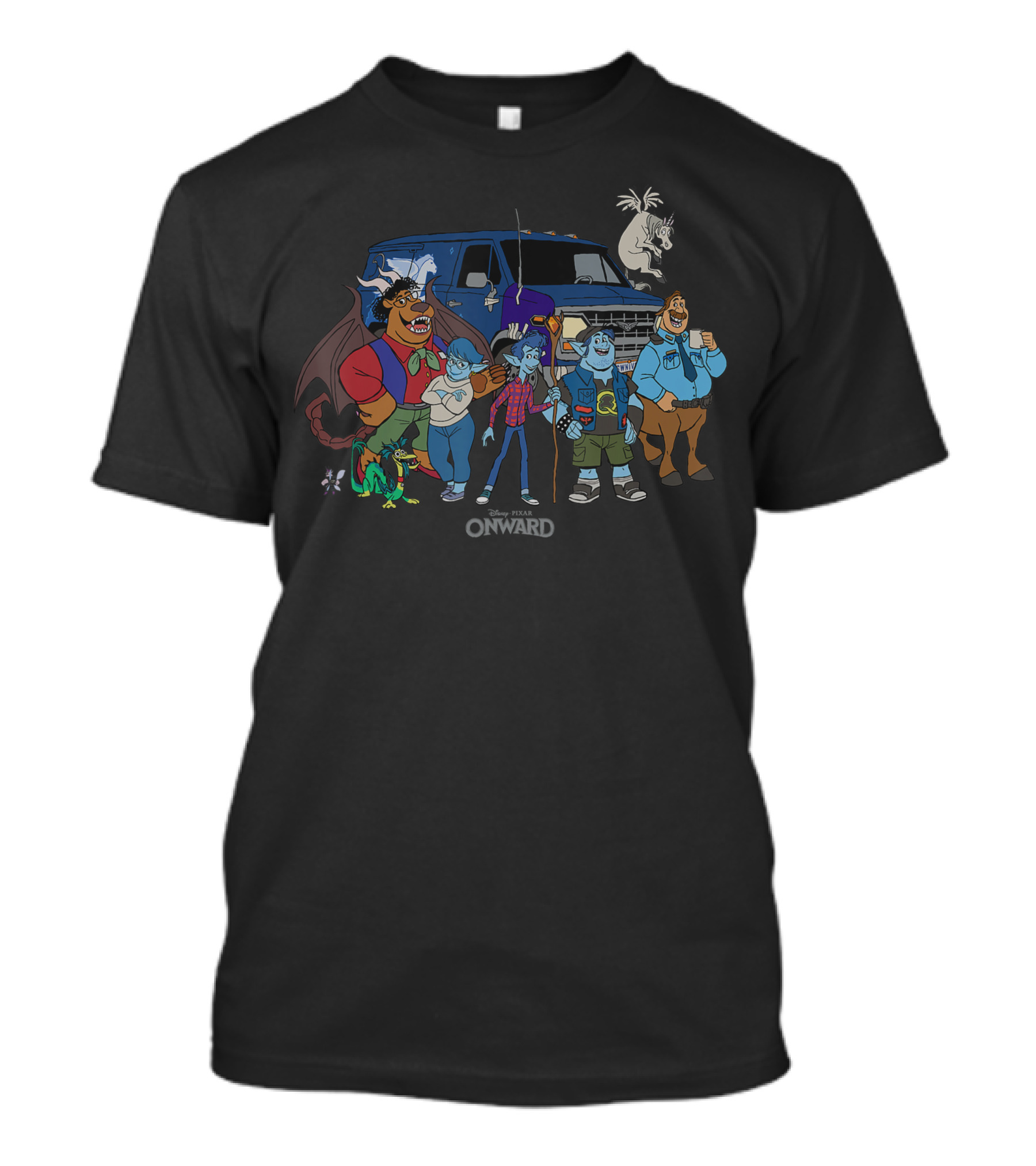 Pixar Onward Characters Group With Van And Pets T-Shirt