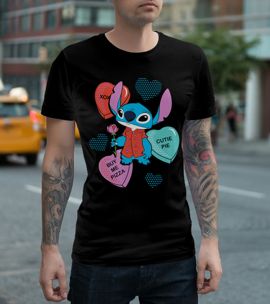 Disney Stitch XOXO Cutie Pie Buy Me Pizza Valentines Day Hearts T-Shirt